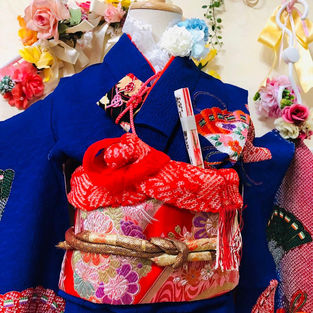 七五三7歳❣️人気Blue暈し絞り柄❣️扇鴛鴦花々金彩煌びやか際立つ完全フルセット❣️