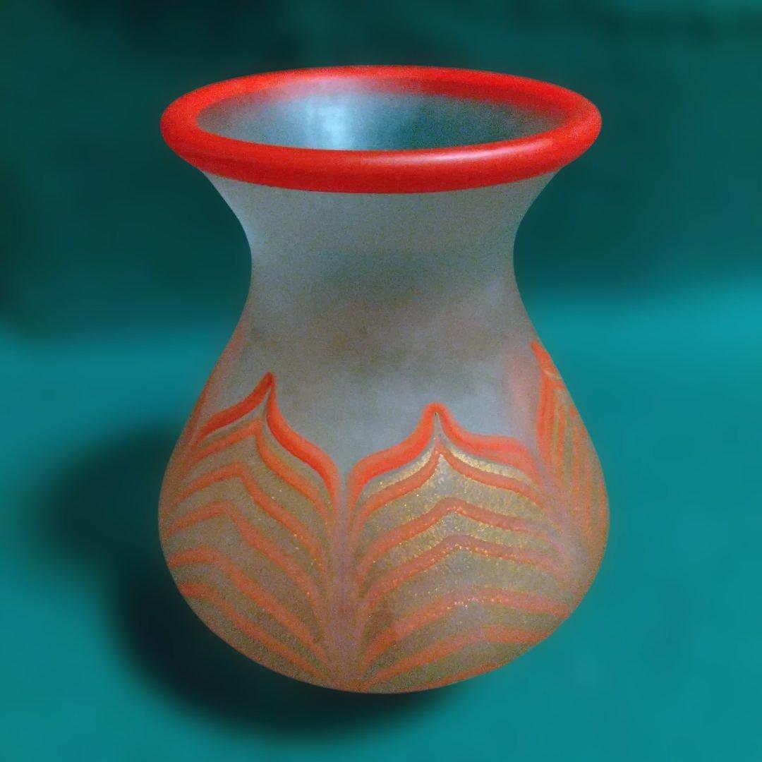 赤とオレンジの葉模様ガラス花瓶 岩田久利