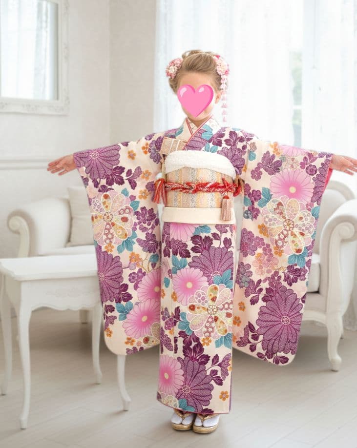 新品クリーム色に大きな花模様の着物と作り帯フルセット☆七五三