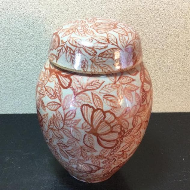 陶芸　手作り陶器　茶壺、赤絵牡丹図柄
