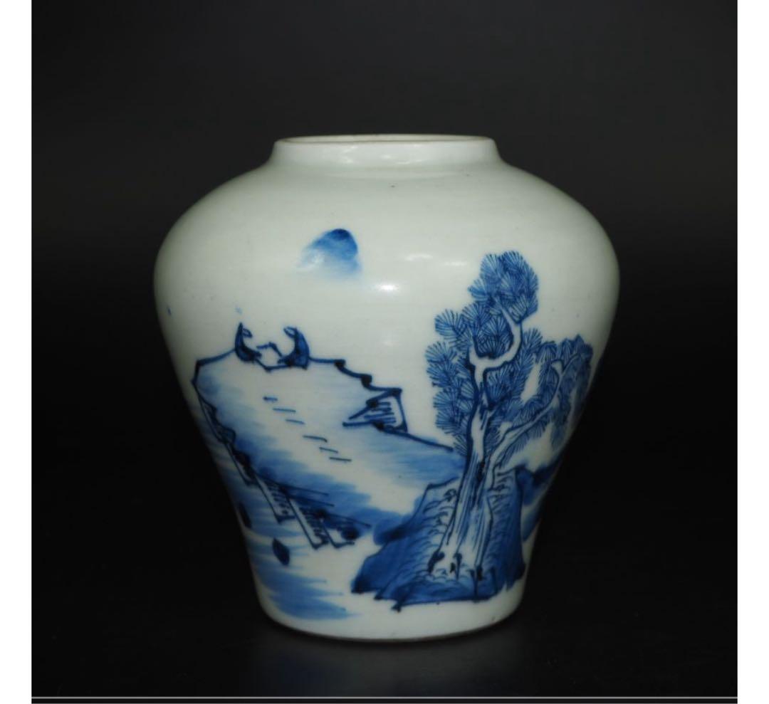 送料無料　旧家蔵出　江戸時代　山水高士図壺　木箱付