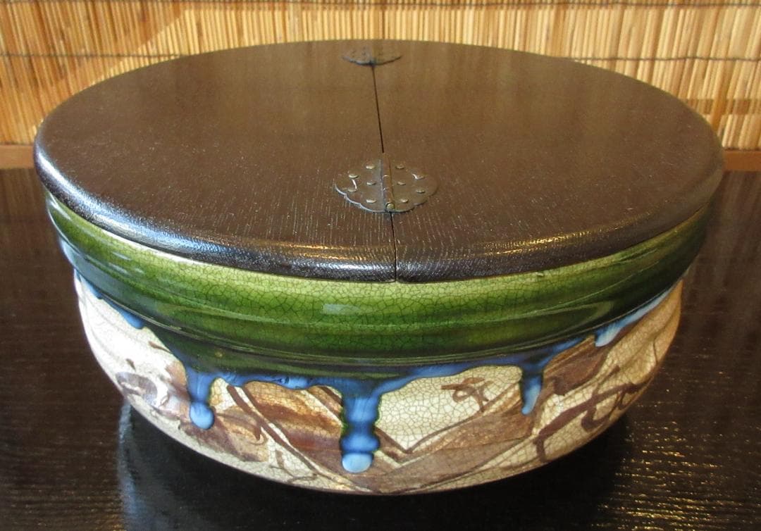 送料込【逢絢亭】茶道具 平水指 美濃焼 織部 掻合の割蓋 加藤六くべ