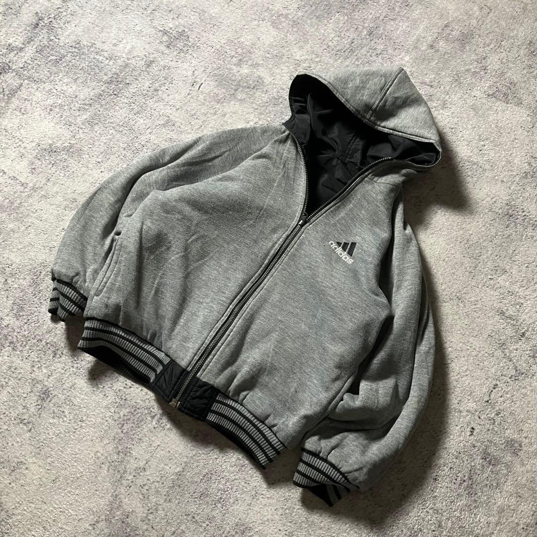 00sadidasリバーシブル刺繍ナイロンスウェットパーカーパフォーマンスロゴ黒