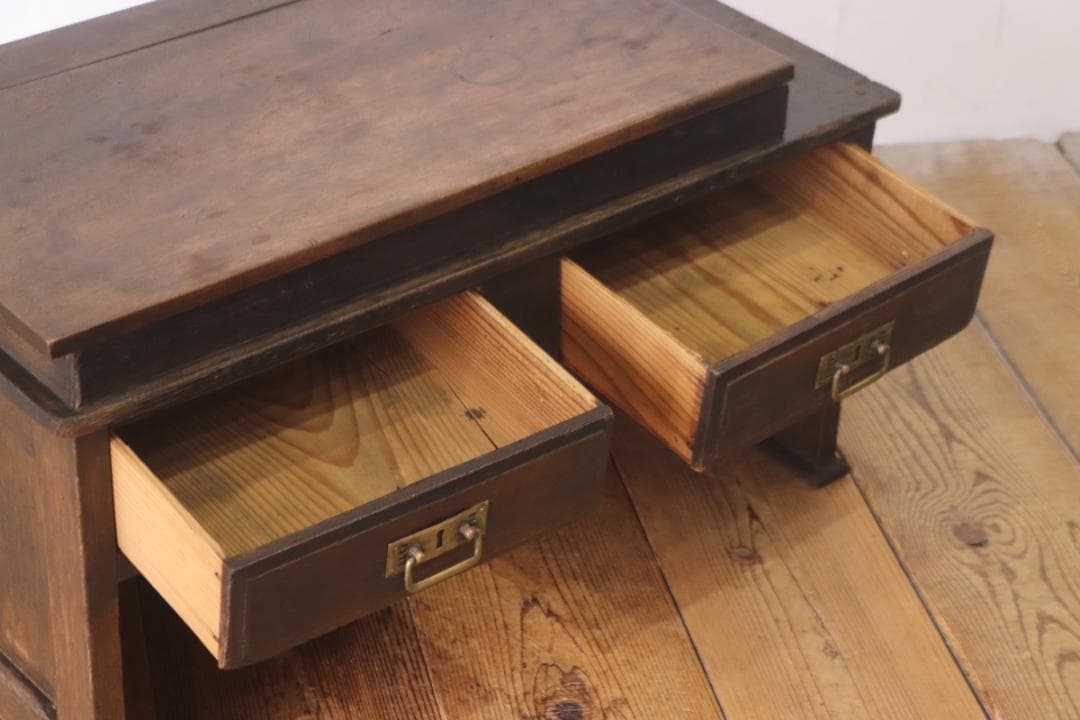 レトロ 文机 ローテーブル 座卓 帳場机 跳ね上げ天板 無垢材 引き出し 2杯