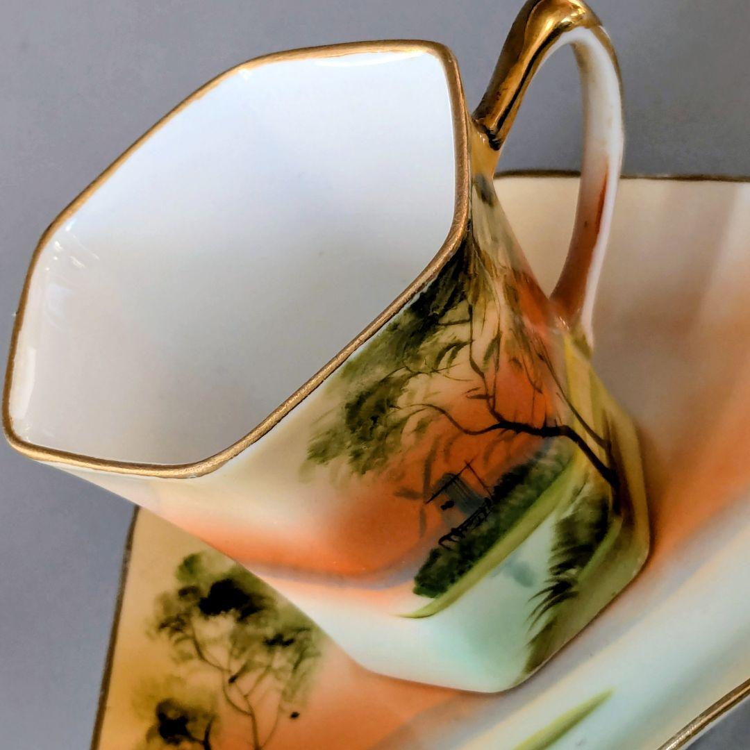 オールドノリタケ 金彩湖畔風景図　六角形ヘキサゴン　キャビネットカップ＆ソーサー