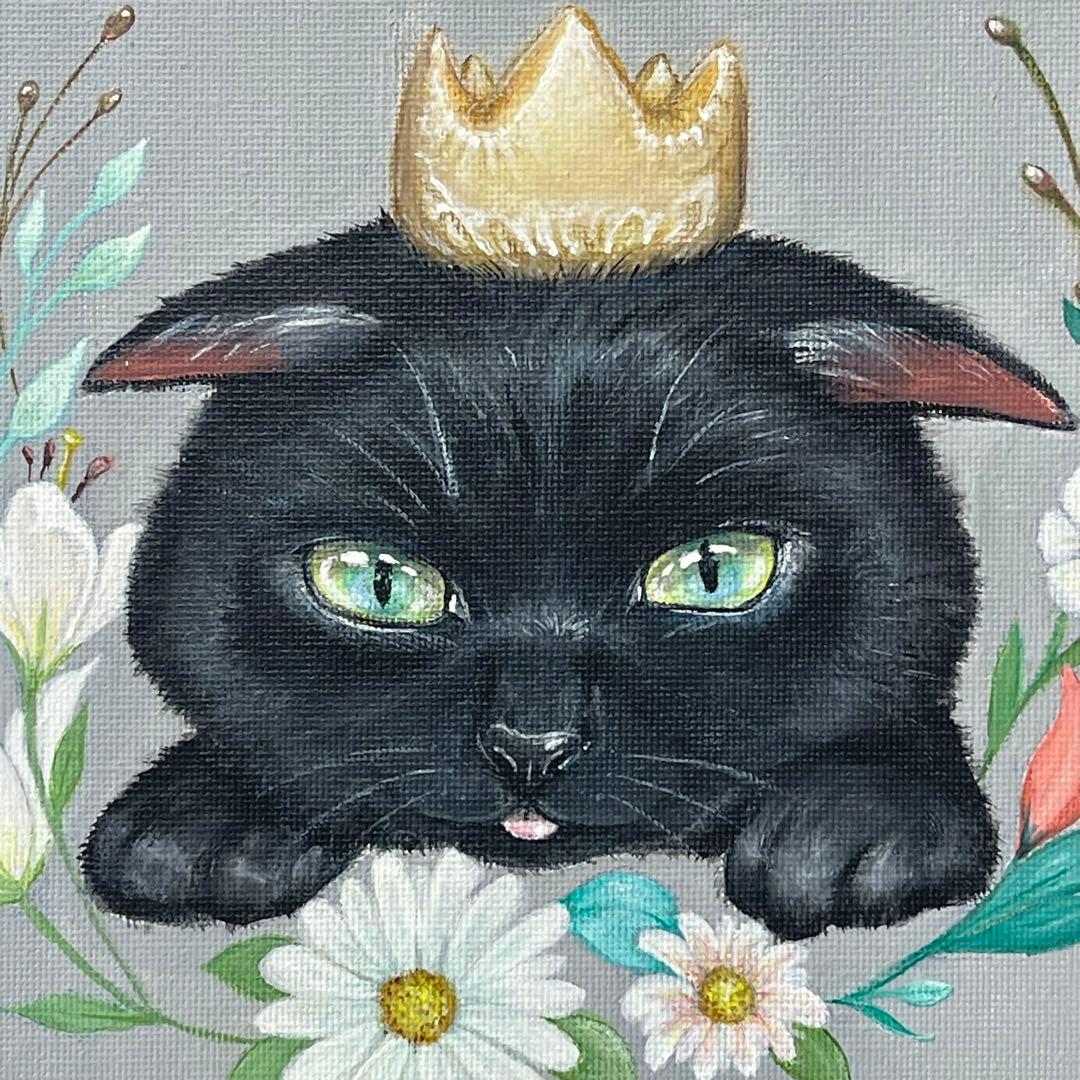 黒猫　愛猫の誕生日　アクリル画　開運絵画
