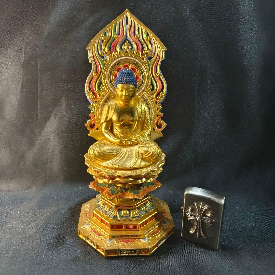 仏教美術 阿弥陀仏座像 銅製鍍金色彩仏像 時代物 旧家蔵出し コレクター放出美品