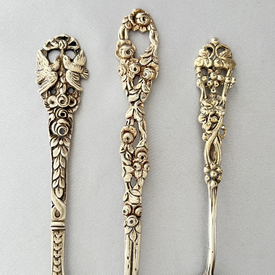 【ドイツ】シュガースプーン 2本 / オードブルピック【純銀】薔薇の蕾　葡萄