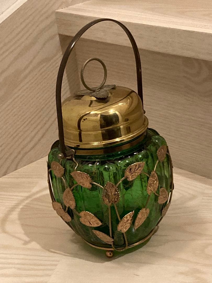 希少　ガラスオルゴール　真鍮キャンディ緑ゴールド　ガラスポット　ビンテージ寺田製