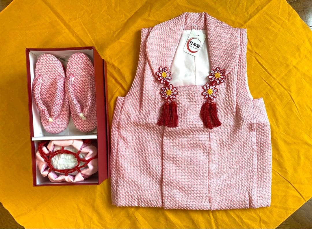 三歳　正絹鹿の子絞り 被布 草履 巾着 ３点セット