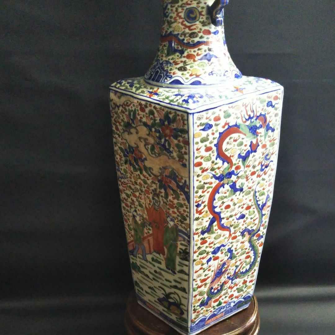 ※中国古美術/五彩纏枝賢人龍紋隻耳四方大瓶(款:大明万暦年製)