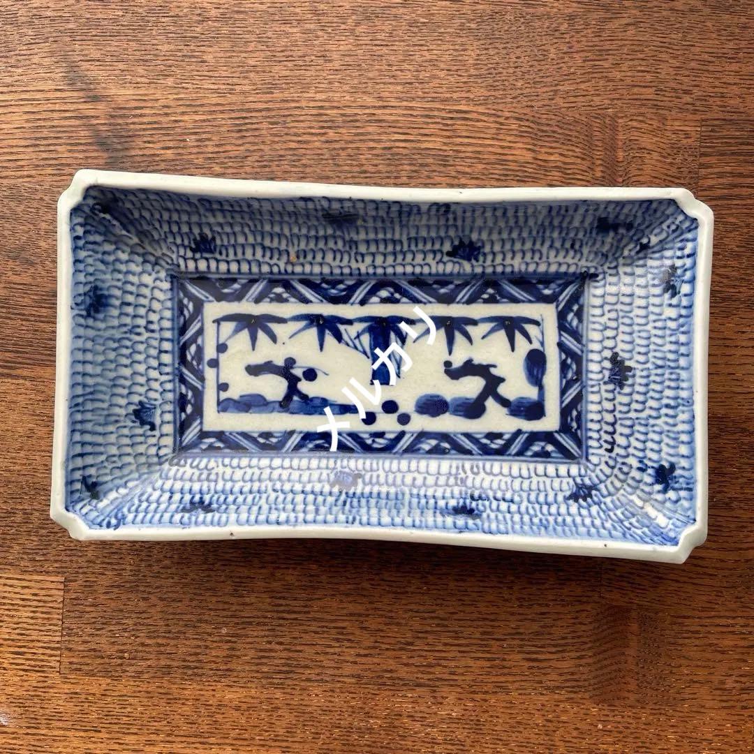 古伊万里染付　微塵唐草　松竹梅　五客揃　長皿5客　骨董アンティーク　隅入角皿