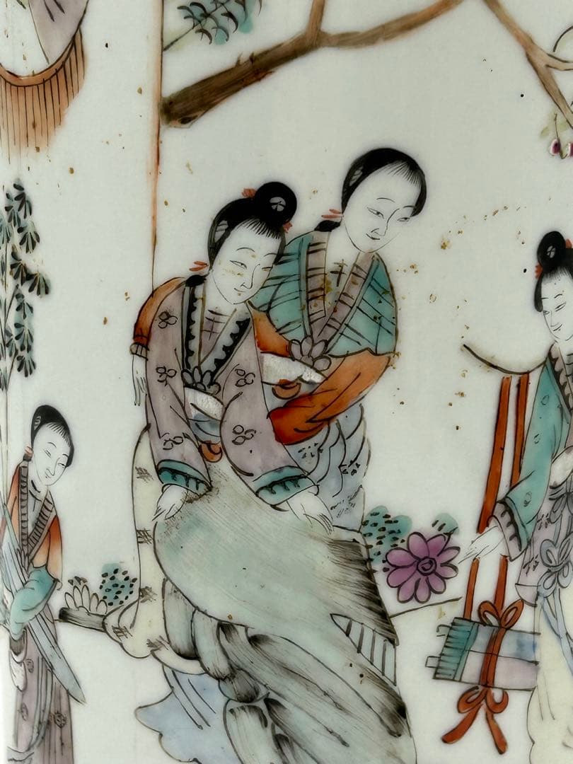 岐No28 中国　清時代　粉彩筆筒② 帽筒　美女図　同治年製　送料込み0503