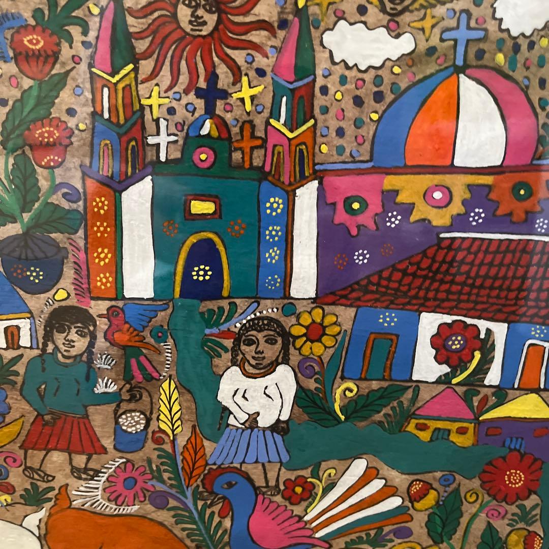 メキシコ 　アマテ(木の皮)絵  伝統アート　手描き 額縁　額装