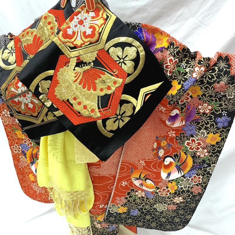 504ag67□七五三 七歳 女児 着物&袋帯 総絞り風 金彩 鴛鴦□状態良好