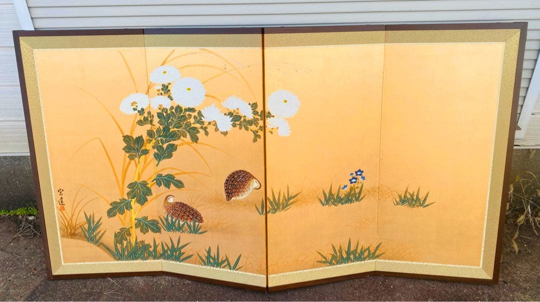 日本画 屏風 花と鳥160cm x 90cm