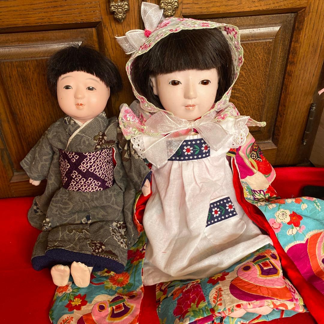 マ様おまとめ　市松人形　2体　男の子と女の子　鳴き　正絹縮緬着物