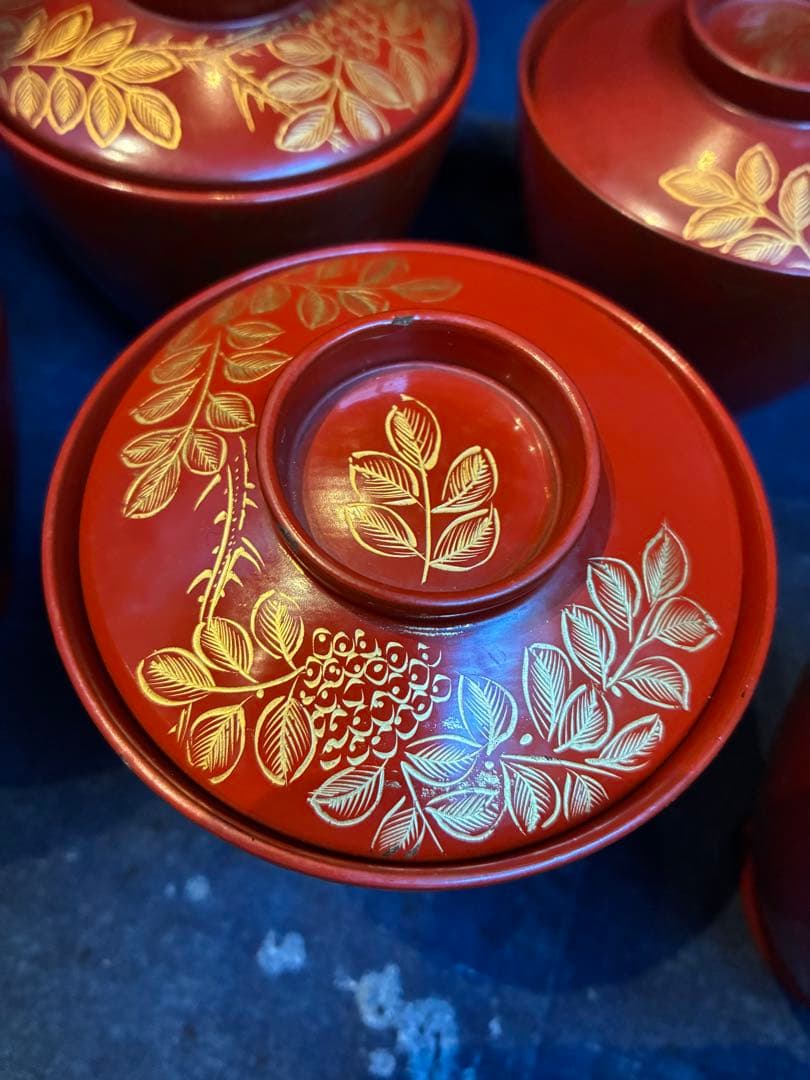 漆器　沈金　②吸物椀　荷物椀　5客　輪島塗　漆傷みなし 朱塗り　木製　小吸物