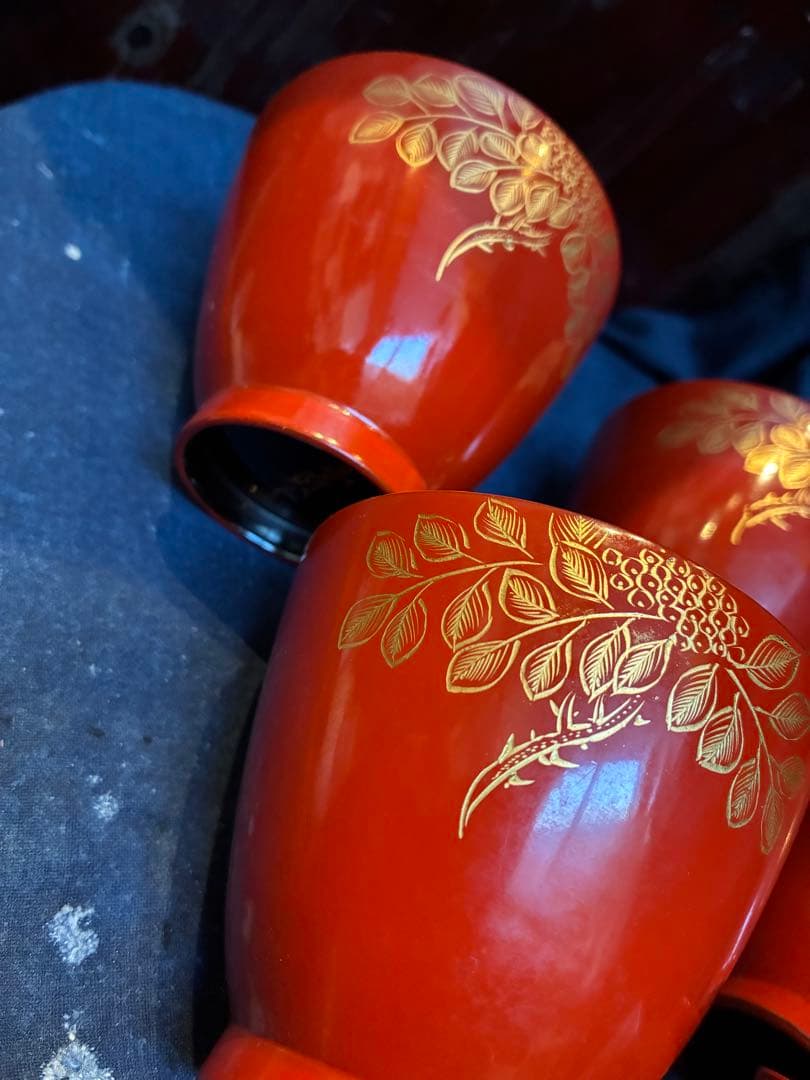 漆器　沈金　②吸物椀　荷物椀　5客　輪島塗　漆傷みなし 朱塗り　木製　小吸物