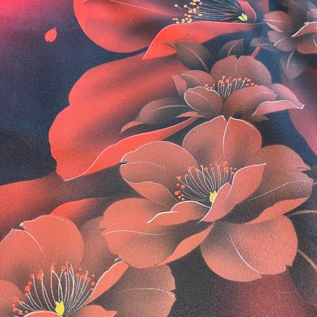 振袖　振り袖　成人式　フルセット　正絹　黒　赤　花柄