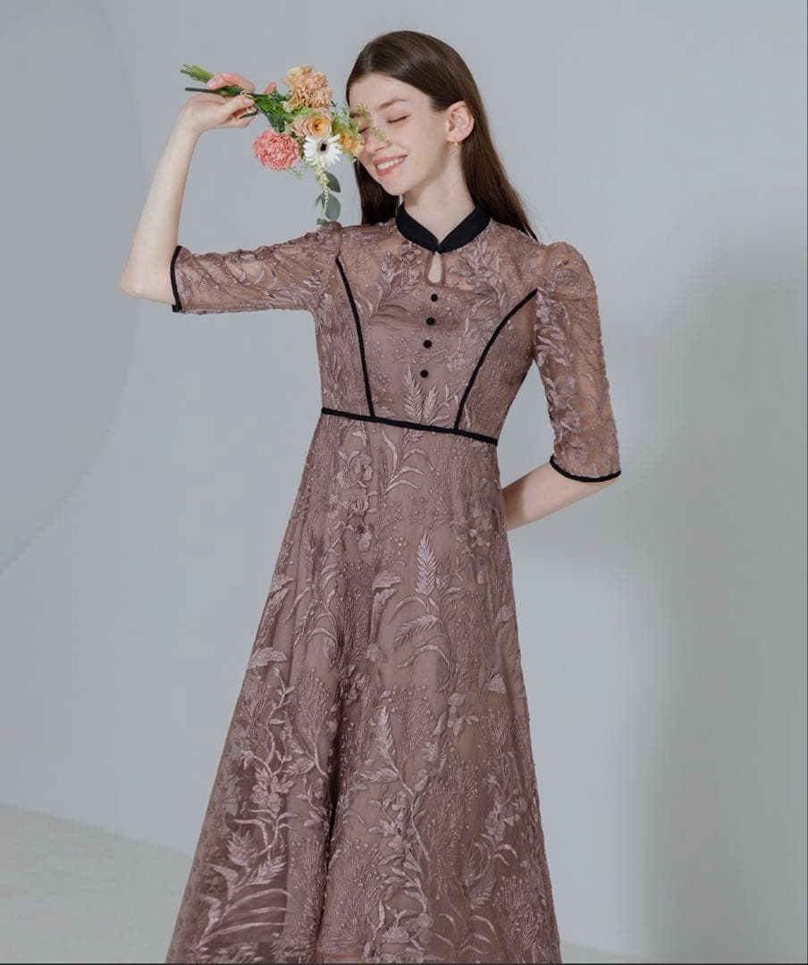 Leja 花柄チュールパフスリーブワンピースドレス　パープル