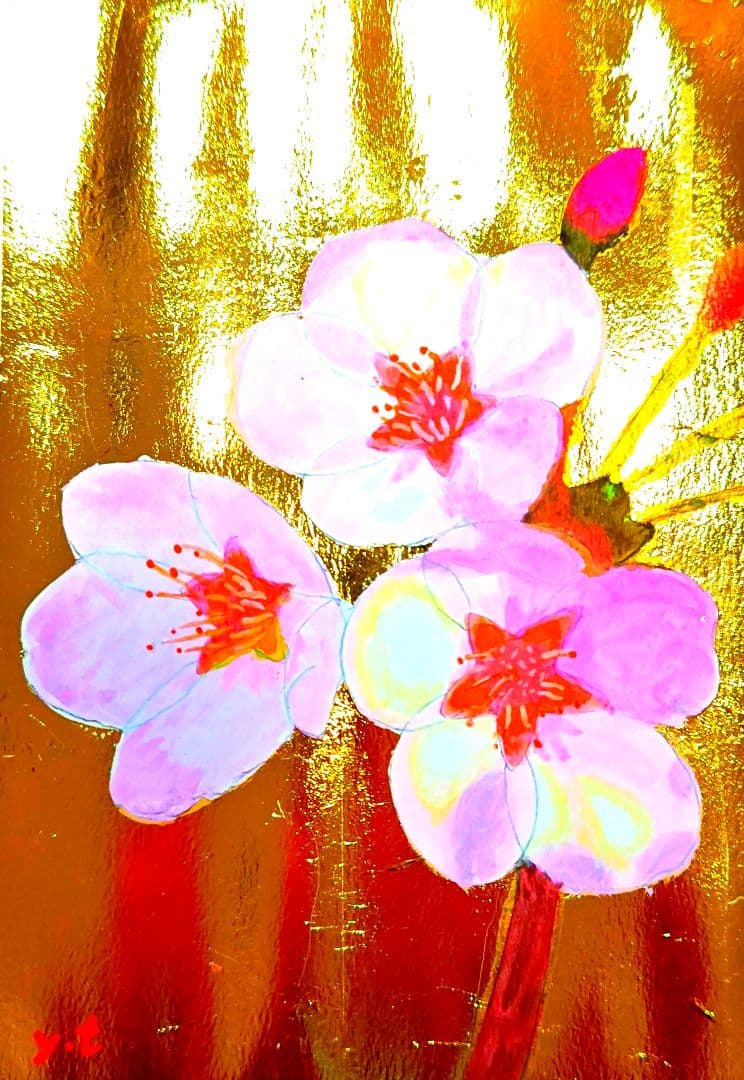 超美品！値下げ交渉あり。金箔で桜の花　アクリル画　絵画