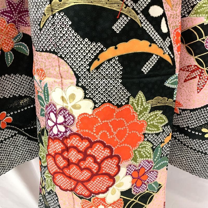 504ag9,帯揚げ帯締めしごき□七五三 七歳 女児 着物&袋帯 金彩 絞り風