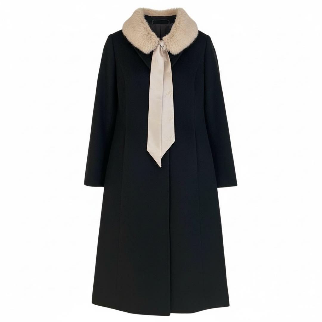 美品、ランバンコレクション ロングチェスターコート アンゴラ混 ファー衿付 40