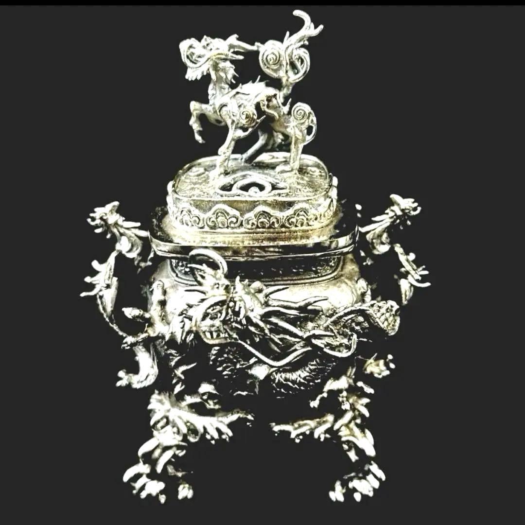 ・伝統工芸 高岡銅器 洋銀 香炉 龍摘 双鳳凰耳　須賀月芳　共箱　保証書付き