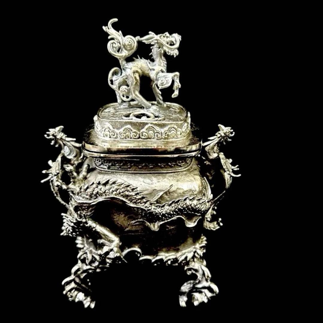 ・伝統工芸 高岡銅器 洋銀 香炉 龍摘 双鳳凰耳　須賀月芳　共箱　保証書付き