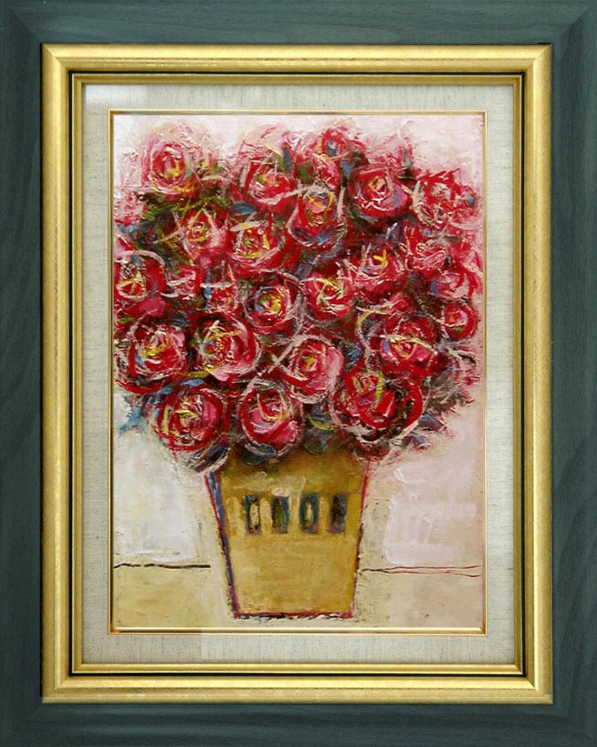 油絵 菅家令子 絵 絵画インテリア額付(青緑＋金色の枠)uF6-110902ばら