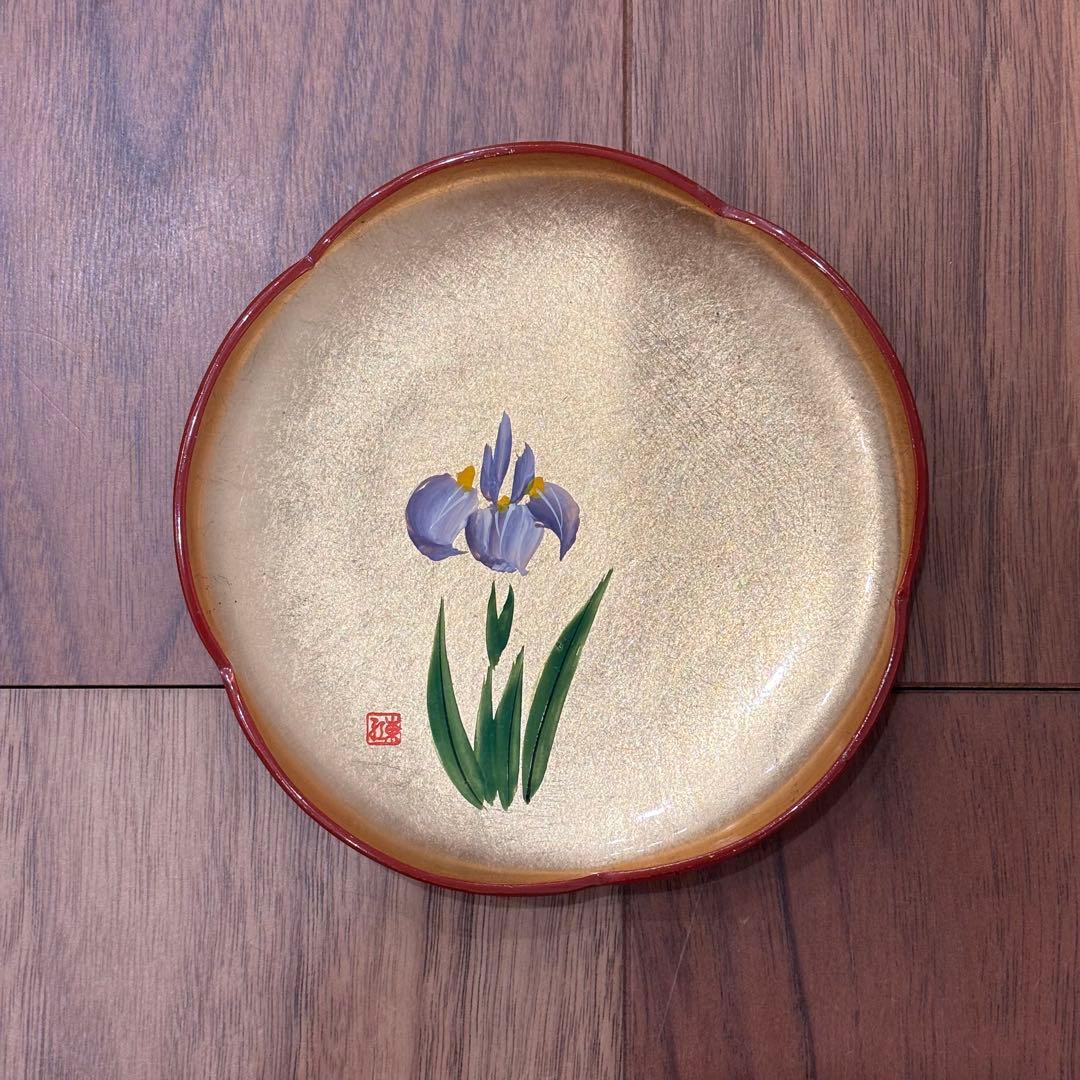 漆器 梅型銘々皿 5枚セット 13cm 金地 花蒔絵 朱印あり／和皿／菓子皿