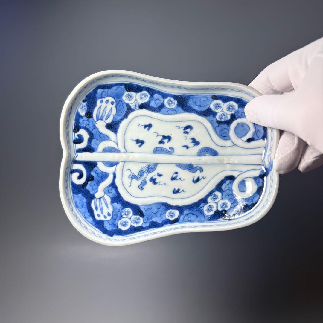 古伊万里　染付龍文様軍配形皿　五客　古美術　古陶を楽しむ　江戸時代