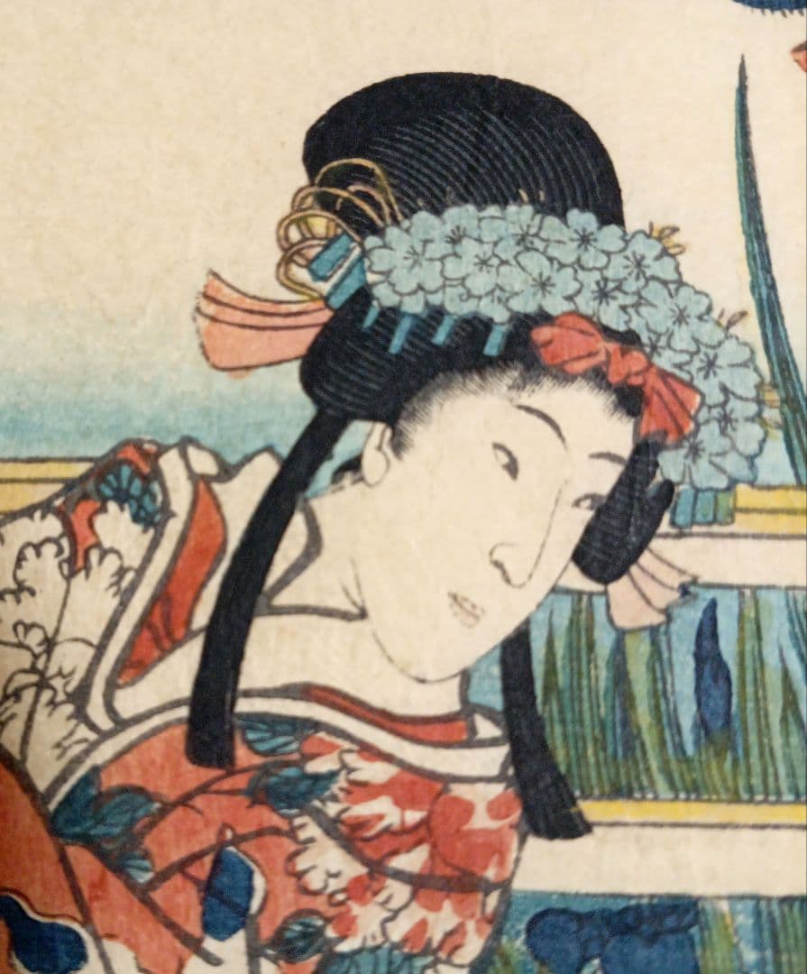 浮世絵版画、花菖蒲由縁色廓三枚綴り 三代歌川豊国画安政四年出版No2