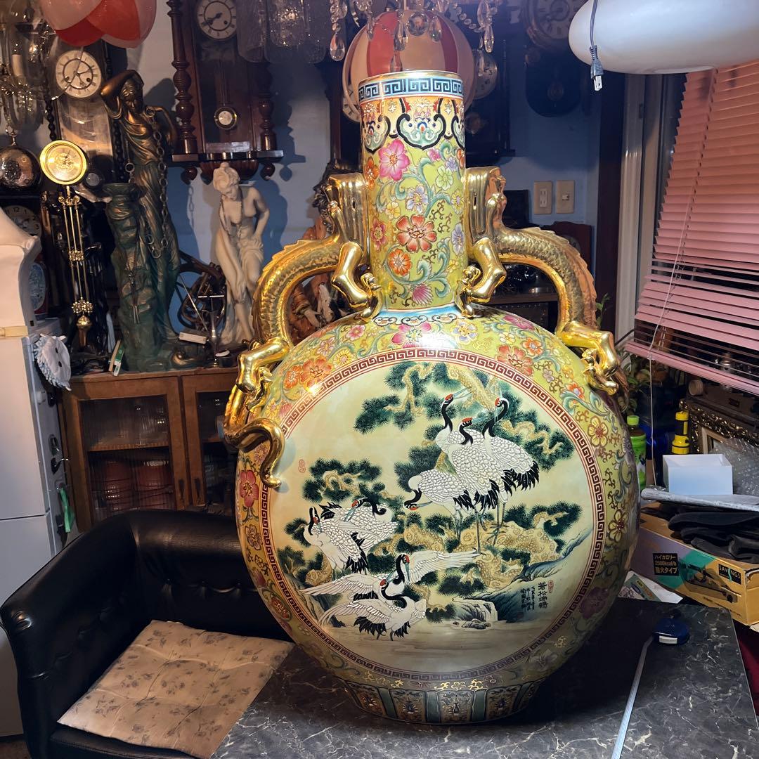 中国美術、嶺東窯製 、金彩花瓶93㌢金彩色絵 大花瓶 、鶴図 、龍、特大花瓶