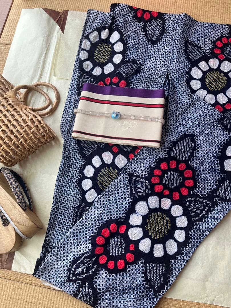 有松絞り 浴衣 粋 美品 濃紺 藍色 夏着物