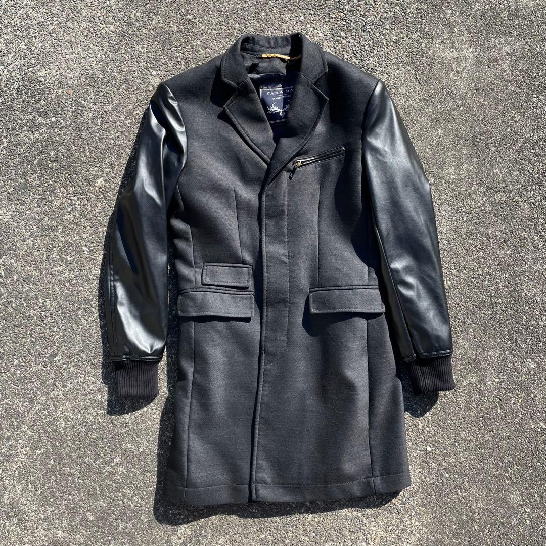【うんまか仙人】\"ZARA MAN\" レザー切替コート 2way ブラック