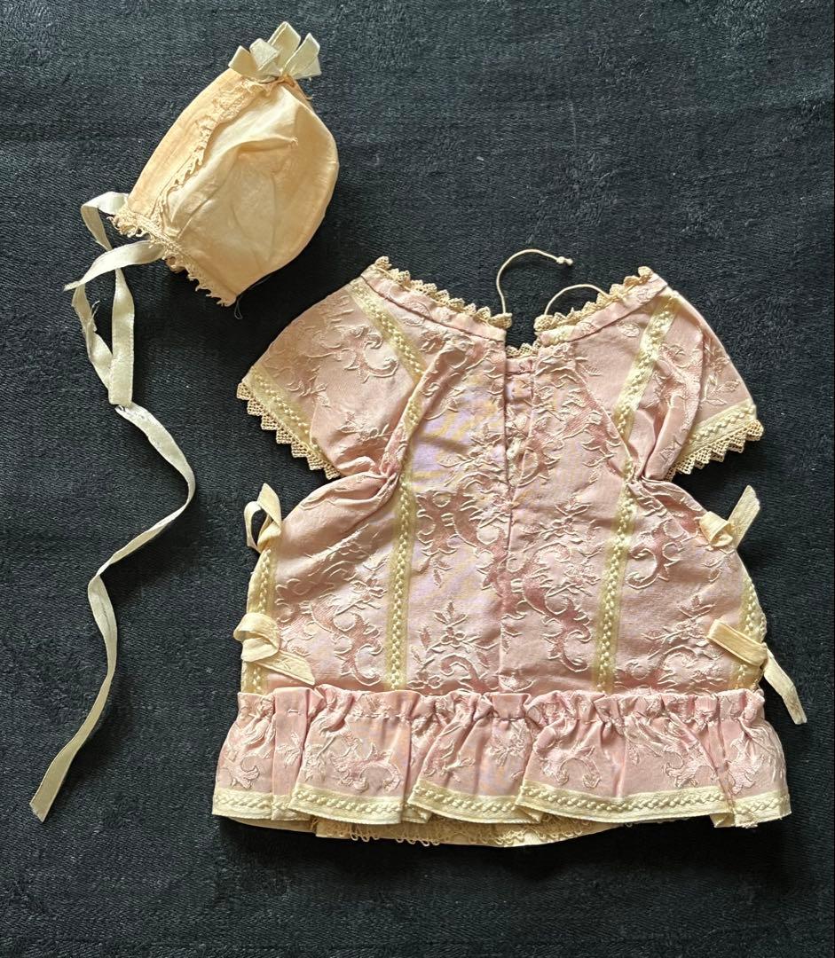 アンティークフランスドールビスクドールロココリボントリムドレス帽子セット