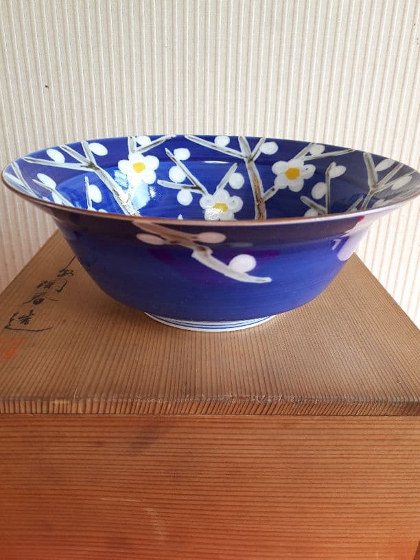 平安陶春の染付梅菓子鉢