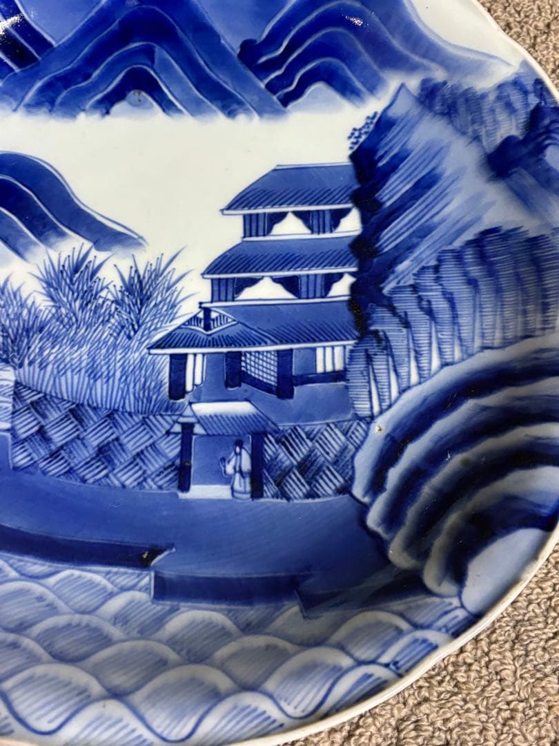 古伊万里染付山水図皿 江戸時代中期 太明成化年製 陶器 骨董品 藍色 時代物
