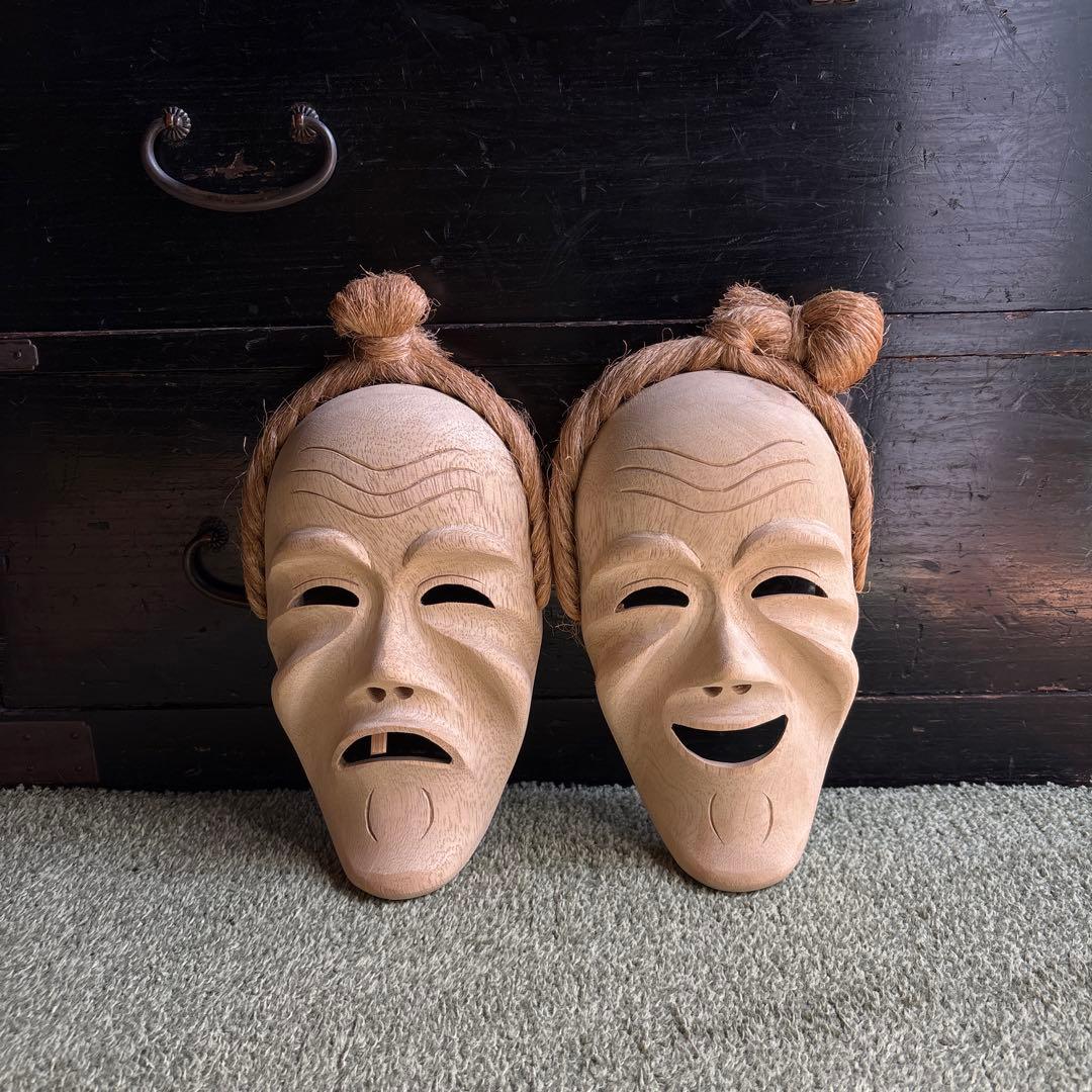 沖縄　八重山　アンガマの面　田場由盛　木製面　沖縄工芸品　お面　盆踊り