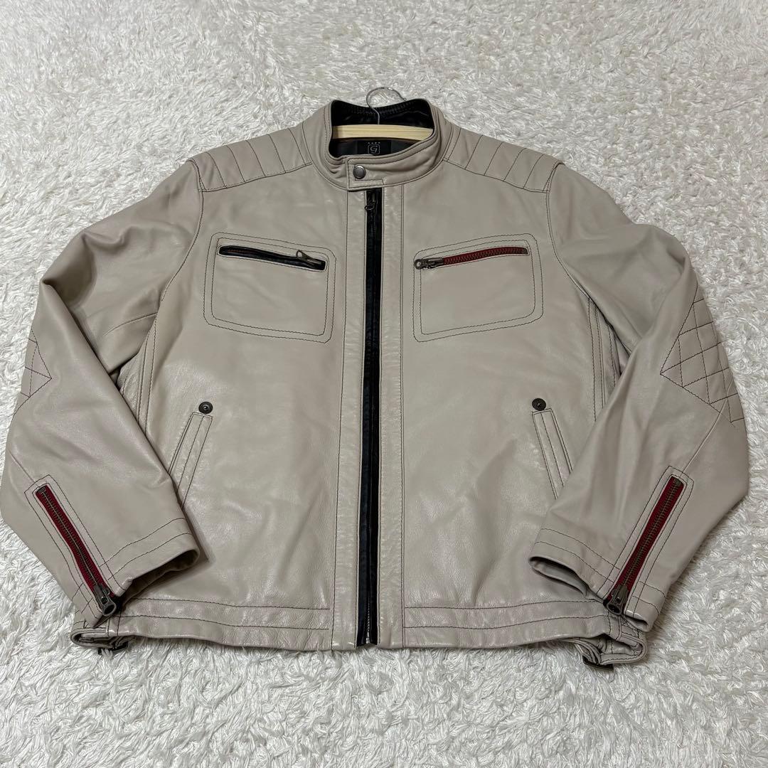 極美品　G-STAGE シングルライダースジャケット ライトグレー　羊革　M