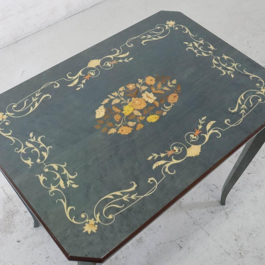 イタリア製クラシカル家具 象嵌細工 猫脚 サイドテーブル グリーン系 鏡面仕上げ