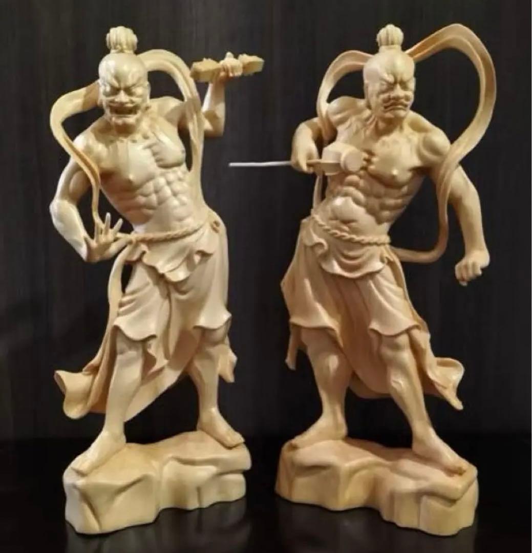 仁王像 置物 金剛力士 木彫り ヒノキ 2種セット 高さ20cm