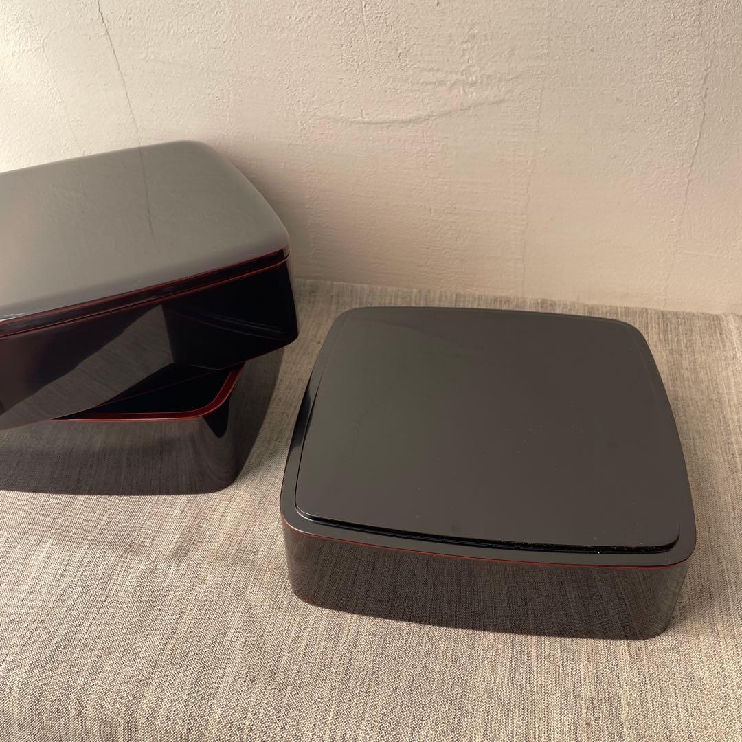 溜塗 木製 漆器 重箱 3段 19.5cm 黒　無地　胴張り