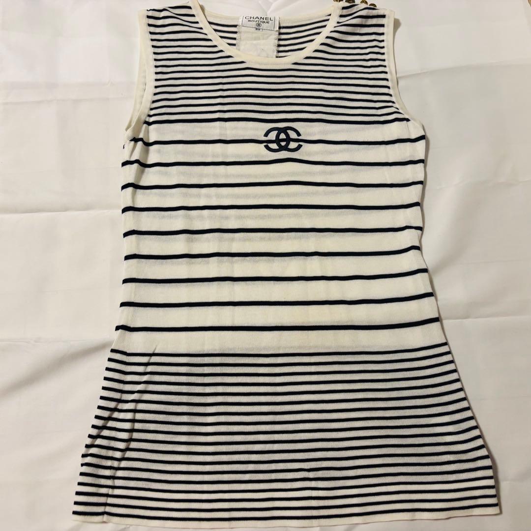 CHANEL ノースリーブ　コットン　ホワイト×ブラック　ボーダー　トップス