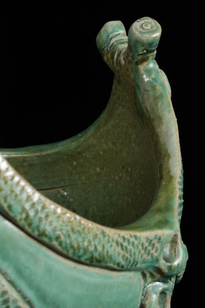 【富久窯 井上富三】縄文写花瓶 共箱 高さ37㎝ 緑釉 花器 花入 古美術 骨董