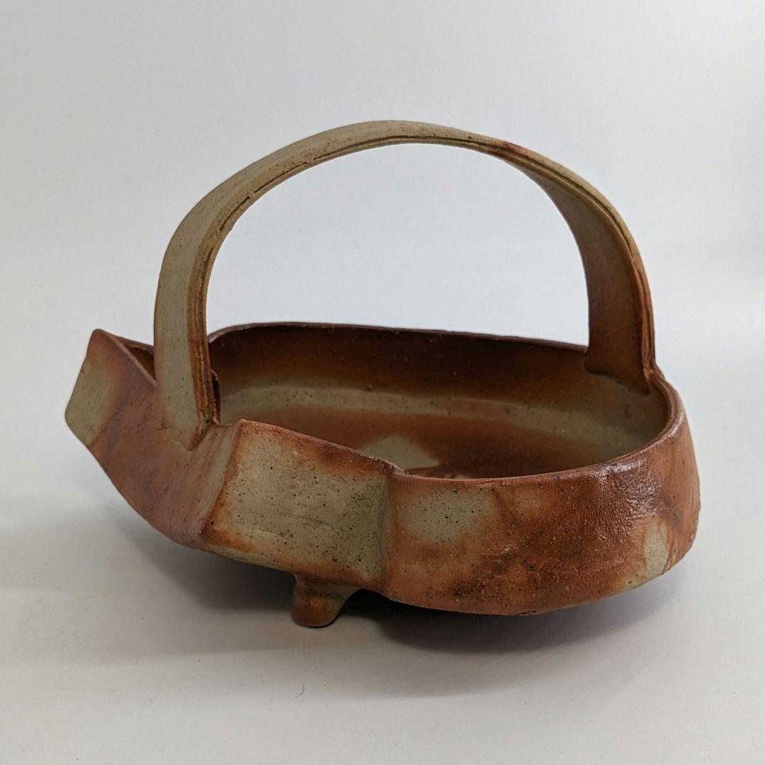 岡山県重要無形文化財 金重有邦 備前焼 「伊部ヒダスキ手付鉢」 共箱合布栞 緋襷