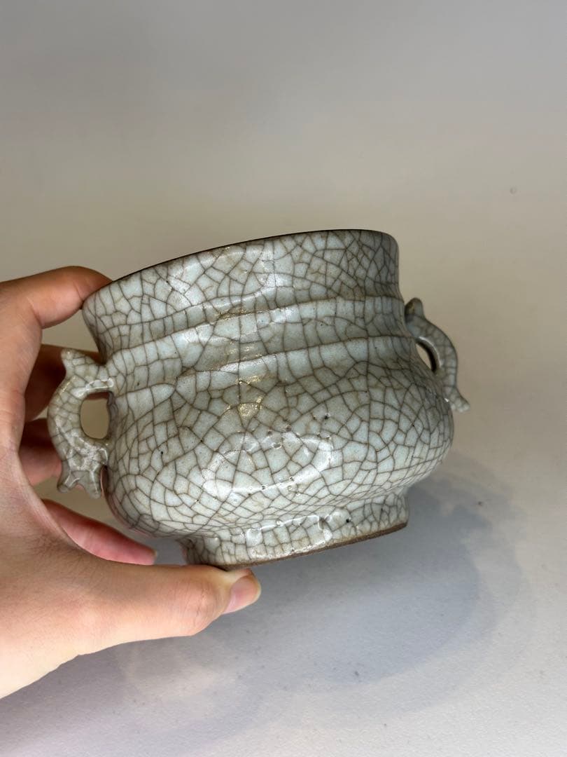 中国骨董 清代 哥窯 双耳香炉 陶磁器 置物 コレクション用 香道具