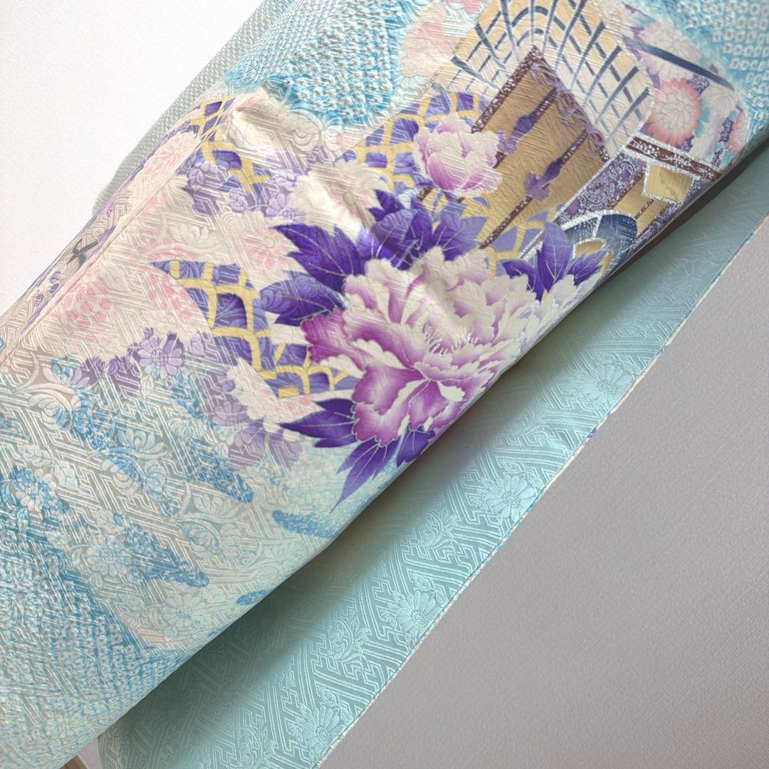 4 振袖フルセット 正絹 難あり 水色 紫 ピンク 銀彩 絞り 小柄さん レトロ